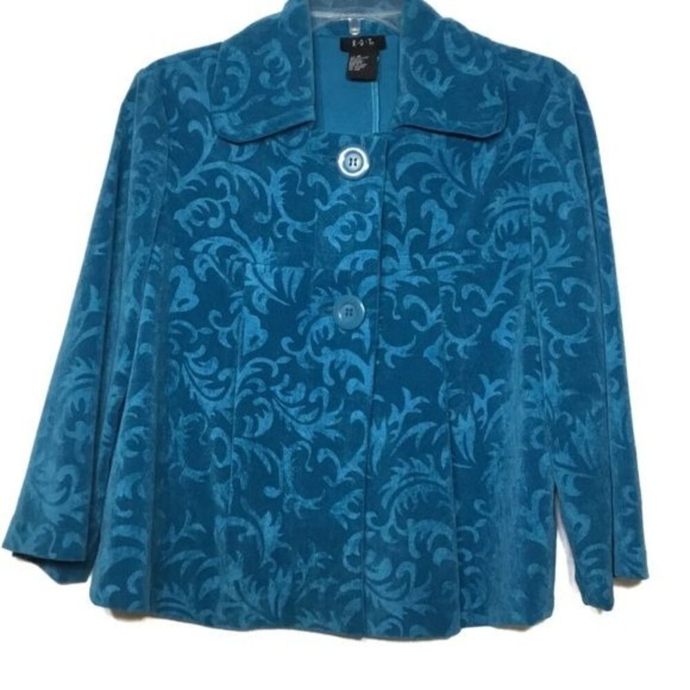 R.Q.T. Women's Blue Velour Button-Up Jacket With Floral Swirl Pattern - Size M